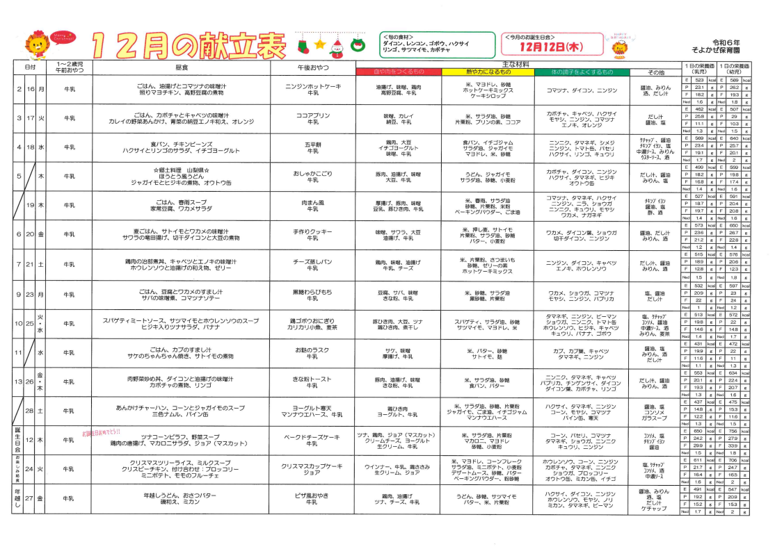 献立表2024年度12月